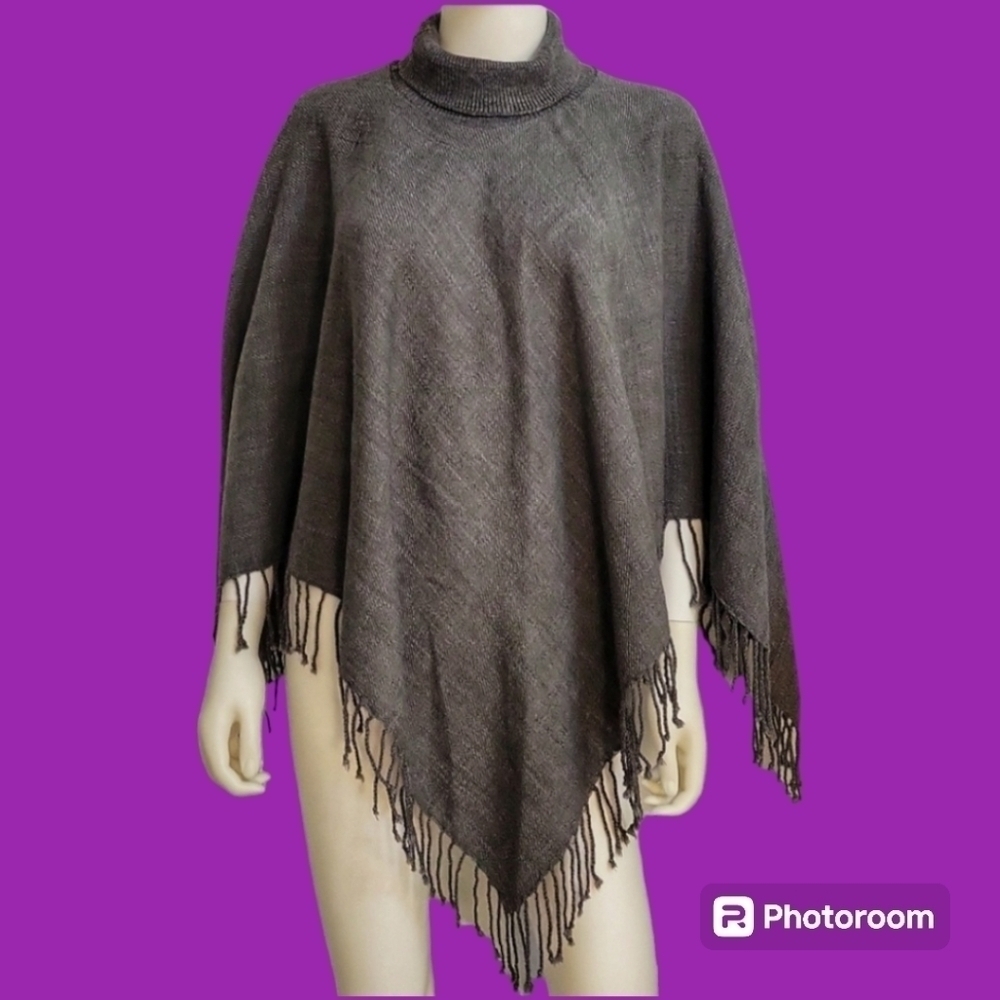 3/$30 Dark Gray Turtleneck Fringe Cape Poncho